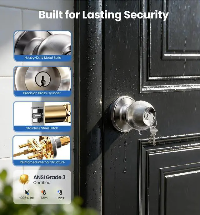 Alt view image 4 of 7 - Keyed Entry Door Knob, Bedroom Door Lock with Keys, Heavy-Duty Rust-Proof Construction, Door Handle for Exterior Interior Security, Easy to Install, Brushed Nickel