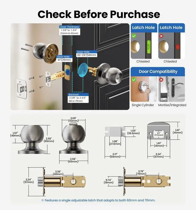 Alt view image 7 of 7 - Keyed Entry Door Knob, Bedroom Door Lock with Keys, Heavy-Duty Rust-Proof Construction, Door Handle for Exterior Interior Security, Easy to Install, Brushed Nickel