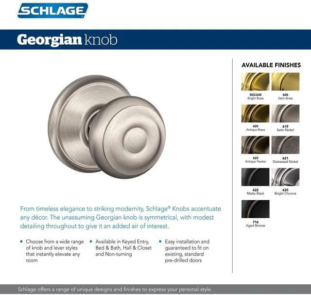 Alt view image 2 of 7 - F40 GEO 619 Georgian Door Knob, Bed & Bath Privacy Lock, Satin Nickel