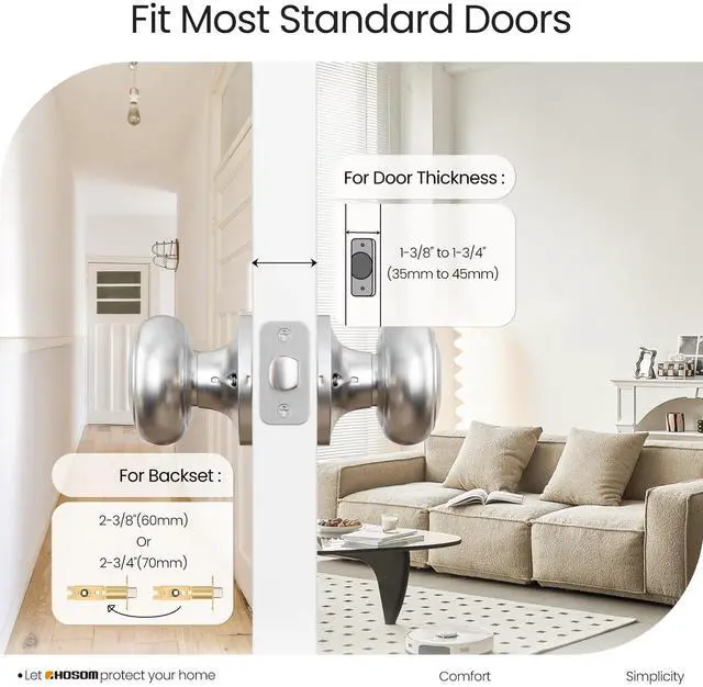 Alt view image 2 of 7 - Passage Door Knob, Satin Nickel Door Knobs Keyless Doorknobs for Interior Doors, Hallway, Closet and More, No Locking Door Handle, 1 Pack