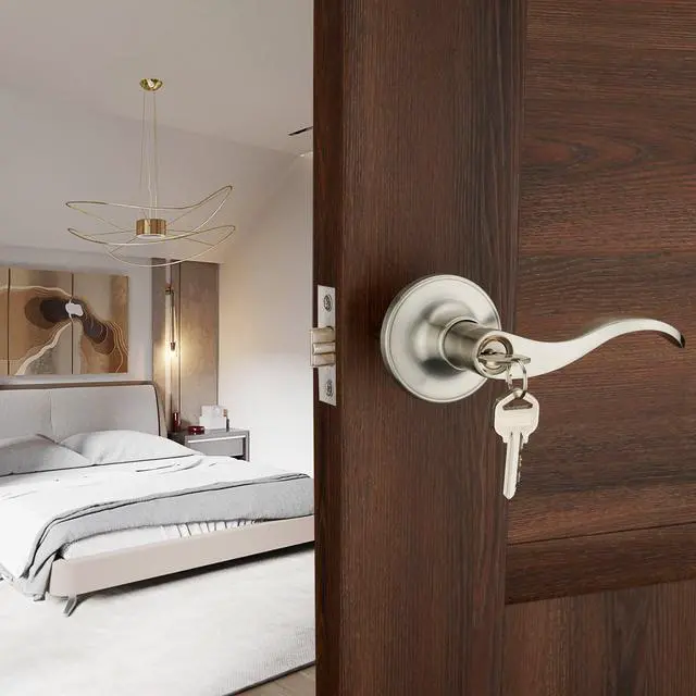 Alt view image 3 of 7 - 1 Pack of HENYIN Wave Lever Keyed Entry Door Lock/Door Knob Hardware Handle and Closet Lockset, Silver Color, with Key,Right Hand(805SN-R)