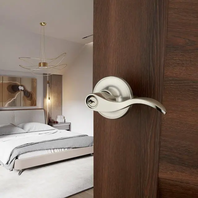 Alt view image 4 of 7 - 1 Pack of HENYIN Wave Lever Keyed Entry Door Lock/Door Knob Hardware Handle and Closet Lockset, Silver Color, with Key,Right Hand(805SN-R)