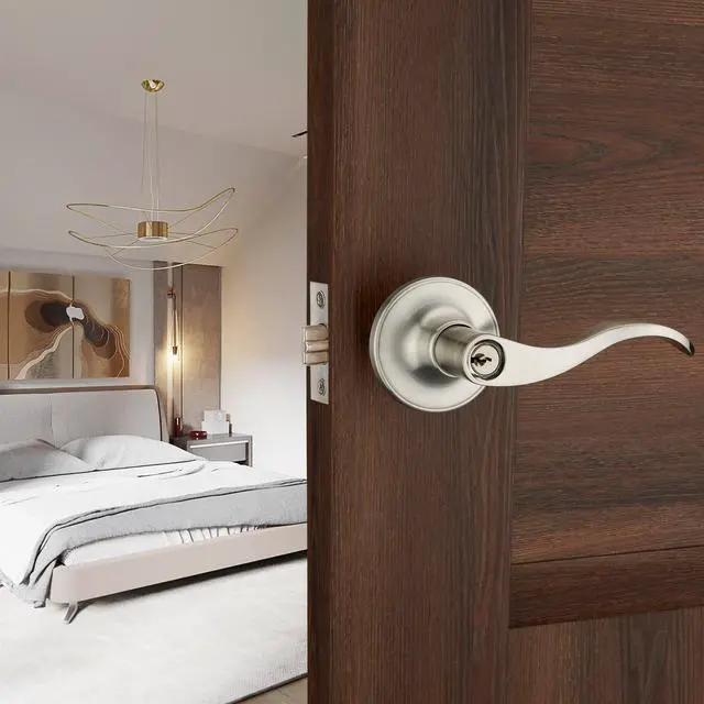 Alt view image 7 of 7 - 1 Pack of HENYIN Wave Lever Keyed Entry Door Lock/Door Knob Hardware Handle and Closet Lockset, Silver Color, with Key,Right Hand(805SN-R)