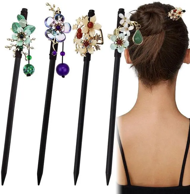 Main image of 4 PACK Japanese Chinese Wooden Hair Stick, Hairpin with 4 Different Flower Styles, Retro Wooden Hair Accessories for Women Girls