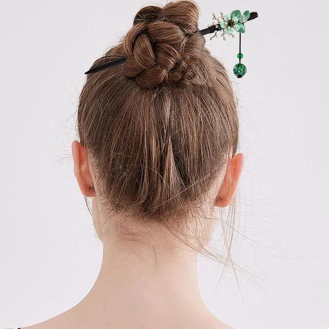 Alt view image 3 of 7 - 4 PACK Japanese Chinese Wooden Hair Stick, Hairpin with 4 Different Flower Styles, Retro Wooden Hair Accessories for Women Girls