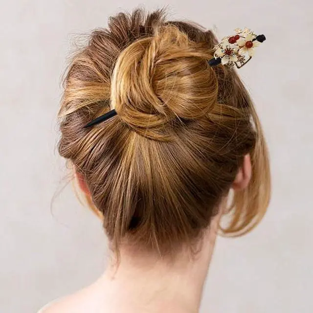Alt view image 7 of 7 - 4 PACK Japanese Chinese Wooden Hair Stick, Hairpin with 4 Different Flower Styles, Retro Wooden Hair Accessories for Women Girls
