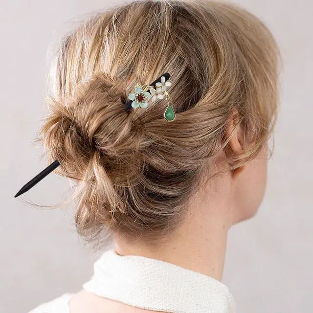 Alt view image 4 of 7 - 4 PACK Japanese Chinese Wooden Hair Stick, Hairpin with 4 Different Flower Styles, Retro Wooden Hair Accessories for Women Girls