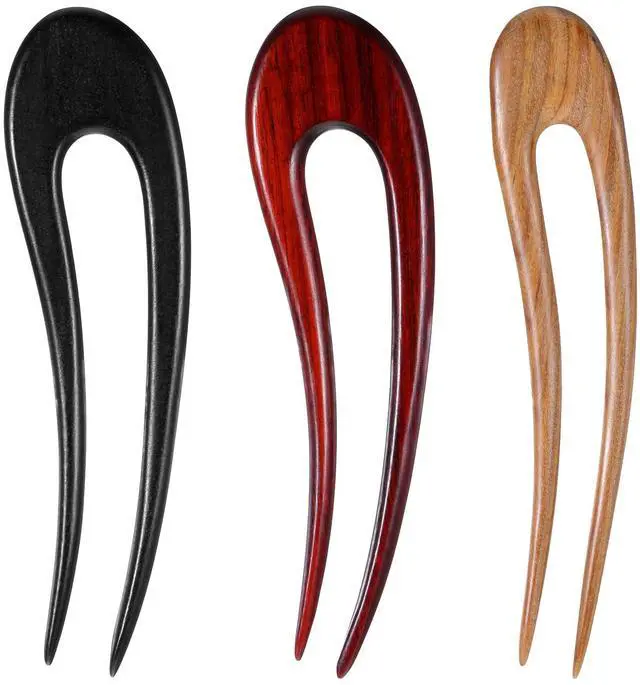 Main image of 3 Pack Wooden Hair Sticks for Women, French U Shaped Hairpin with Two Prongs Hair Clips Handmade French Hairs Stick Vintage Matte Hairpins for Women Bun Updo Hairstyle