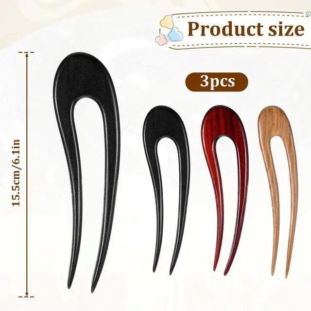 Alt view image 2 of 7 - 3 Pack Wooden Hair Sticks for Women, French U Shaped Hairpin with Two Prongs Hair Clips Handmade French Hairs Stick Vintage Matte Hairpins for Women Bun Updo Hairstyle