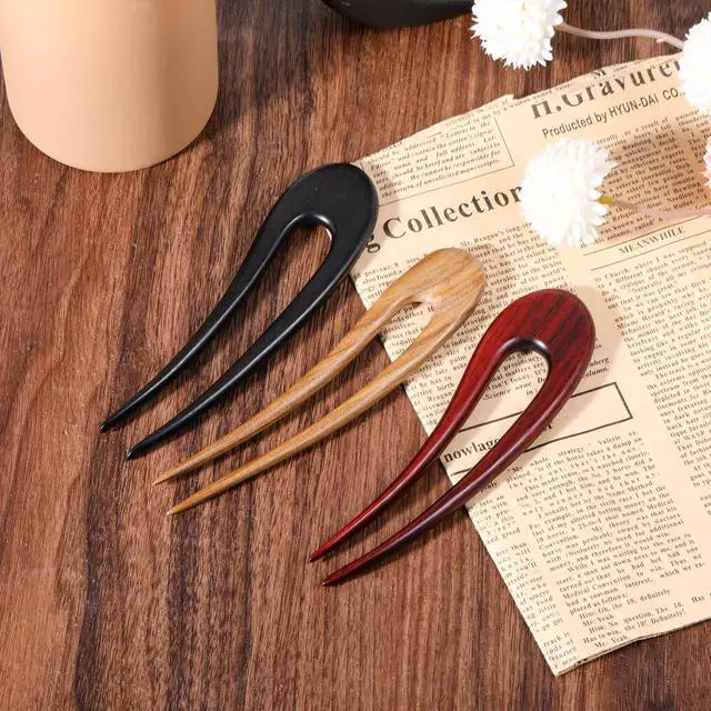 Alt view image 5 of 7 - 3 Pack Wooden Hair Sticks for Women, French U Shaped Hairpin with Two Prongs Hair Clips Handmade French Hairs Stick Vintage Matte Hairpins for Women Bun Updo Hairstyle