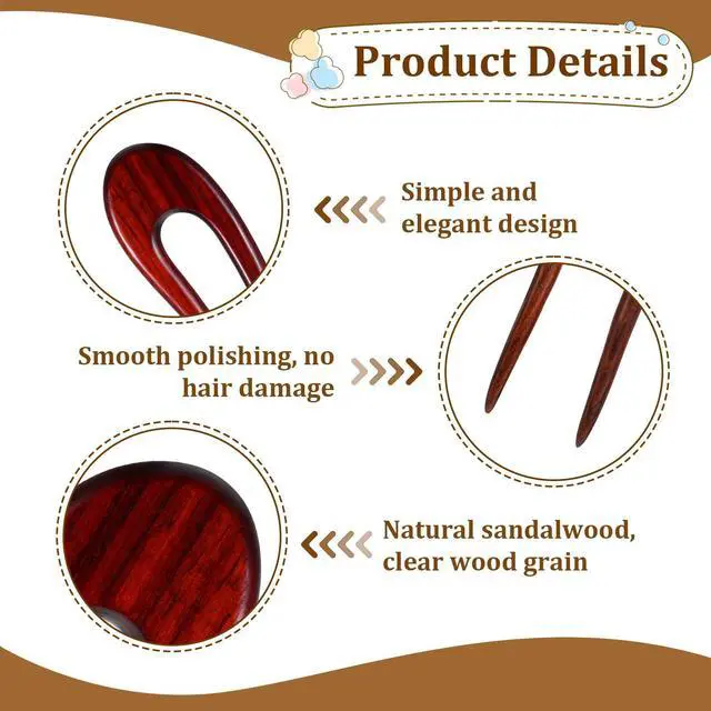Alt view image 3 of 7 - 3 Pack Wooden Hair Sticks for Women, French U Shaped Hairpin with Two Prongs Hair Clips Handmade French Hairs Stick Vintage Matte Hairpins for Women Bun Updo Hairstyle