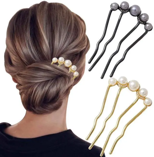 Main image of 2Pcs Pearl U Shaped Hair Pins Bridal Hair Side Comb Fashion Elegant Metal Hair Pin Vintage Hair Fork Clips for Women Girls French Pearl Hairpin Hair Styling Accessories for Wedding Party Holiday Daily
