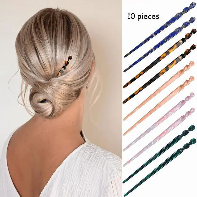 Alt view image 2 of 6 - 10 Pieces Acetate Hair Sticks Leopard Print Hair Pins, Tortoise Shell Hairpin Vintage Hair Chopsticks Retro Hairpins Disk, Hair Accessories for Women Girls (Elegant)