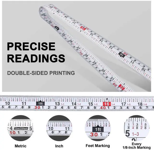 Alt view image 3 of 7 - Tape Measure 25ft with Fractions 1/8 Dual Scale Metric & Imperial Measuring Tape Retractable Compact Economical for Home DIY Renovations Crafting Quick Fixes HT0325