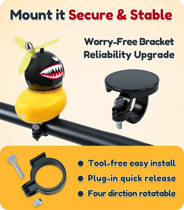 Alt view image 3 of 7 - Rubber Duck Bike Decorations Stable Clamp Mount Cute Duck Bike Bell Two Helmet Propeller Bike Accessories e Scooter Accessories Motorcycle Accessories Cycling Gifts Black Shark