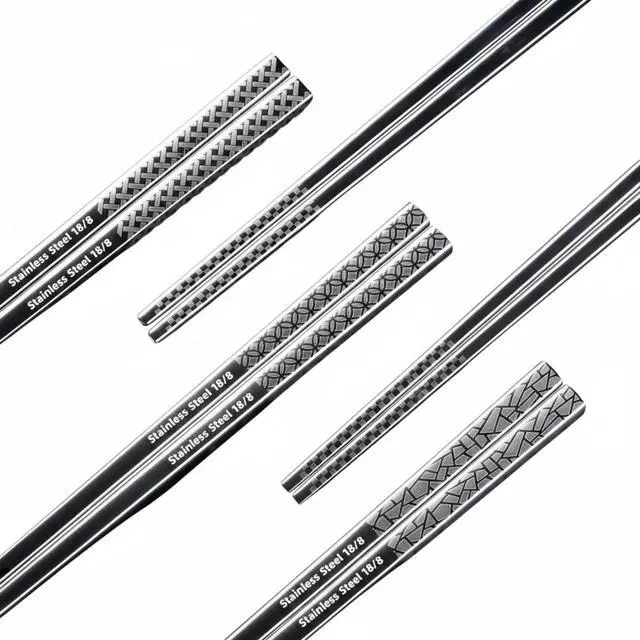 Alt view image 4 of 7 - 5 Pair Metal Chopsticks Reusable 18/8 Stainless Steel Chopsticks Set Non-slip Chinese Chopstick for Cooking Eating Dishwasher Safe 9.25" Chop Sticks Gift Set