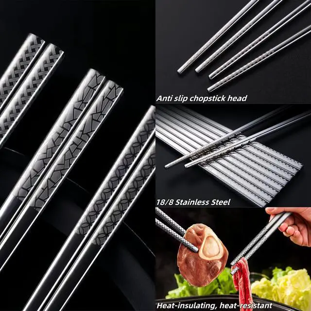Alt view image 2 of 7 - 5 Pair Metal Chopsticks Reusable 18/8 Stainless Steel Chopsticks Set Non-slip Chinese Chopstick for Cooking Eating Dishwasher Safe 9.25" Chop Sticks Gift Set