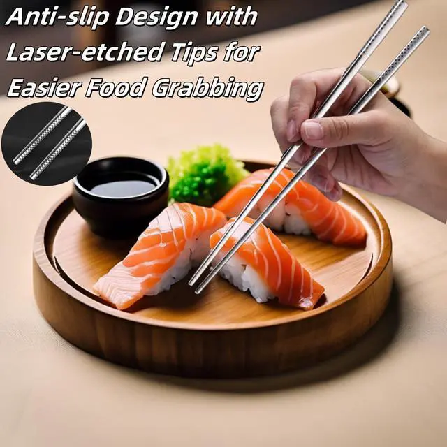 Alt view image 6 of 7 - 5 Pair Metal Chopsticks Reusable 18/8 Stainless Steel Chopsticks Set Non-slip Chinese Chopstick for Cooking Eating Dishwasher Safe 9.25" Chop Sticks Gift Set