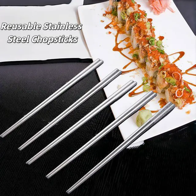 Alt view image 5 of 7 - 5 Pair Metal Chopsticks Reusable 18/8 Stainless Steel Chopsticks Set Non-slip Chinese Chopstick for Cooking Eating Dishwasher Safe 9.25" Chop Sticks Gift Set