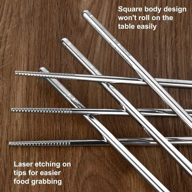 Alt view image 4 of 7 - Premium Stainless Steel Metal Chopsticks, Reusable Silver Chopsticks Dishwasher Safe, Square Lightweight Non-Slip Chop Sticks Easy to Use for Home Kitchen Hotel Restaurant (Stainless steel, 8.7)