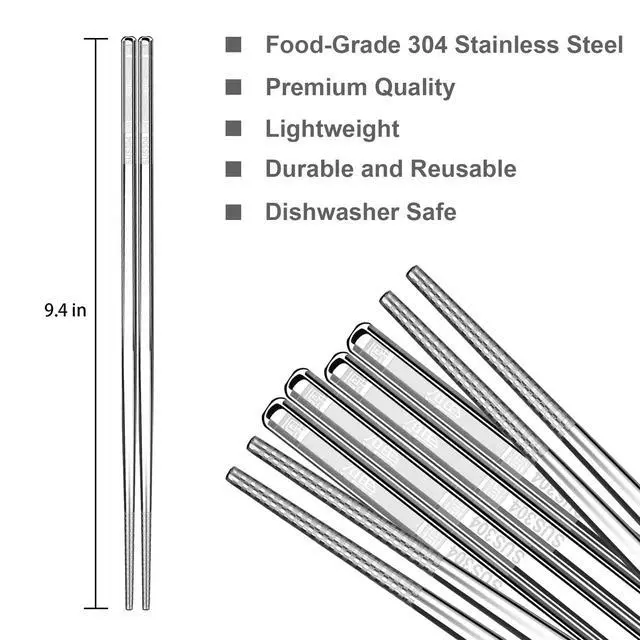 Alt view image 2 of 7 - Premium Stainless Steel Metal Chopsticks, Reusable Silver Chopsticks Dishwasher Safe, Square Lightweight Non-Slip Chop Sticks Easy to Use for Home Kitchen Hotel Restaurant (Stainless steel, 8.7)