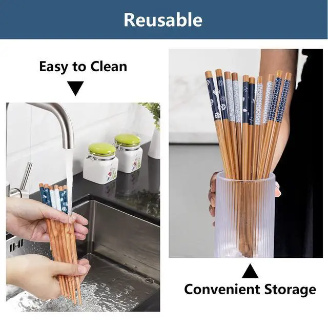 Alt view image 6 of 7 - 5 Pairs Bamboo Chopsticks Reusable Chop Sticks Japanese Style Bamboo Chopstick with Black Box Lightweight 8.8 Inch/22.5cm Non-Slip Chopsticks Gift Set