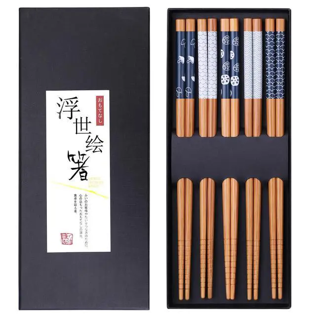 Main image of 5 Pairs Bamboo Chopsticks Reusable Chop Sticks Japanese Style Bamboo Chopstick with Black Box Lightweight 8.8 Inch/22.5cm Non-Slip Chopsticks Gift Set