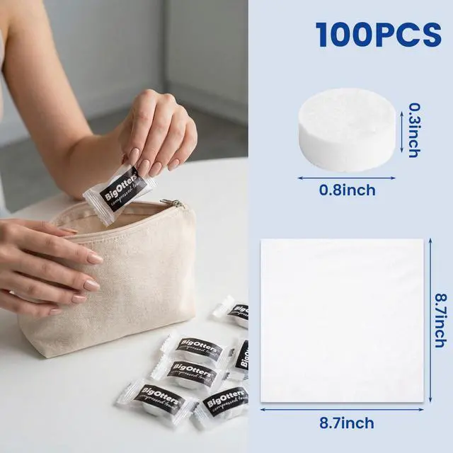 Alt view image 2 of 7 - 100PCS Compressed Towels, Disposable Face Towels for Travel Cleaning Supplies, Expandable Wipes Tablets Survival Gear and Supplies for Outdoors Camping Hiking Hotel