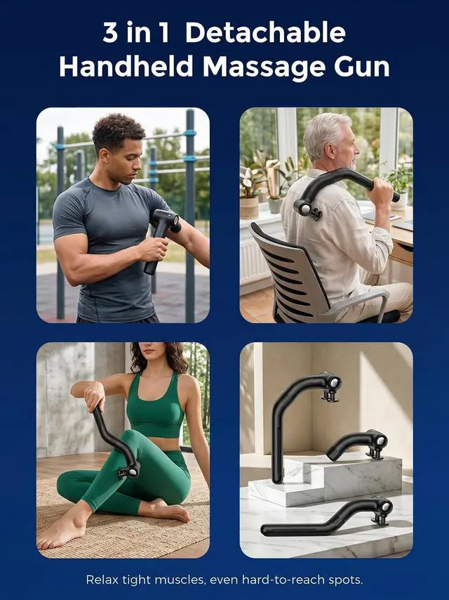 Alt view image 3 of 7 - Dual Head Massage Gun for Back Pain Relief, 3-in-1 Percussion Massager with Detachable Long Extension Handle,Deep Tissue Muscle Massager for Neck, Shoulder, Leg, Gift for Men Women Dad Mom
