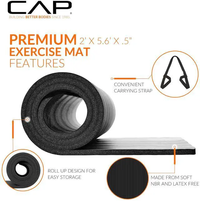 Alt view image 3 of 7 - Yoga Mat 1/2" Thick with Carrying Strap - High Density Exercise Mat for Yoga, Pilates, Stretching, Floor & Fitness Workouts - 68''x24''x1/2" | Black