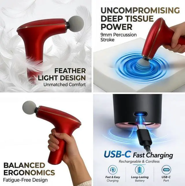 Alt view image 3 of 4 - Fascia Gun Deep Tissue Massage Gun Handheld Muscle Massager for Pain Relief, Recovery & Relaxation Quiet Motor, Long Battery Life, Portable Design for Athletes and Home Use (Red)