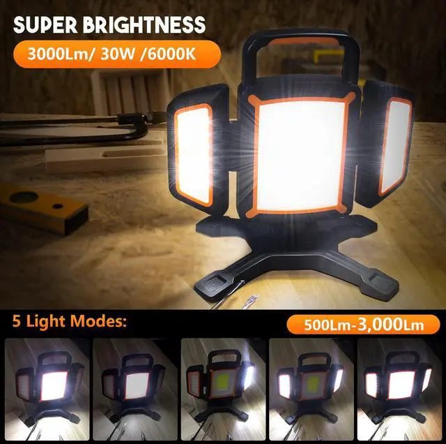 Alt view image 3 of 7 - 30W Rechargeable Work Light, 3000LM Portable Magnetic LED Work Light, Battery Powered Waterproof Cordless Jobsite Light for Garage, Car Repair, Workshop, Camping, Fathers Day Dad Gifts