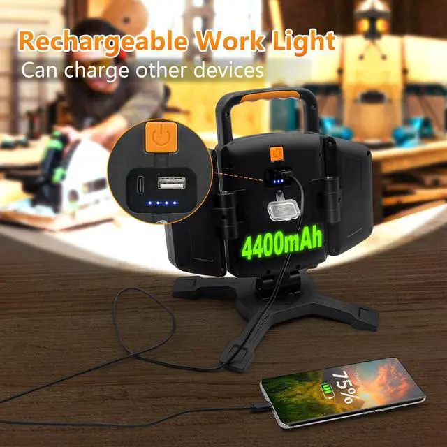 Alt view image 5 of 7 - 30W Rechargeable Work Light, 3000LM Portable Magnetic LED Work Light, Battery Powered Waterproof Cordless Jobsite Light for Garage, Car Repair, Workshop, Camping, Fathers Day Dad Gifts