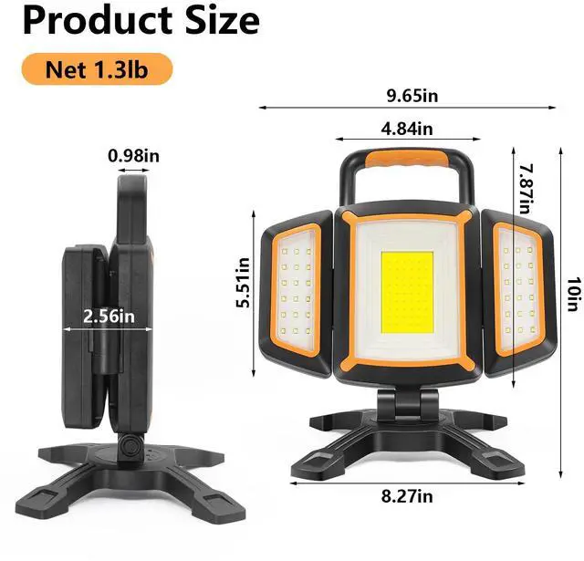 Alt view image 7 of 7 - 30W Rechargeable Work Light, 3000LM Portable Magnetic LED Work Light, Battery Powered Waterproof Cordless Jobsite Light for Garage, Car Repair, Workshop, Camping, Fathers Day Dad Gifts