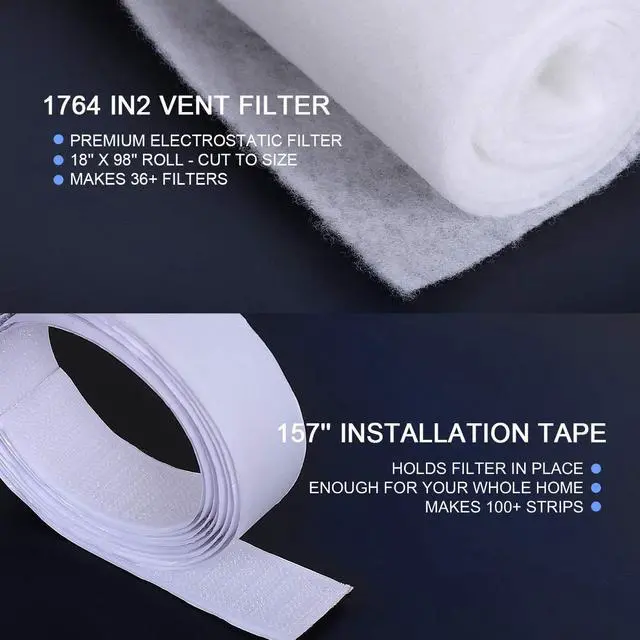 Alt view image 5 of 6 - Complete Air Vent Filters Kit- 98 x 18'' Electrostatic Media With 157" of Installation Tape 36+ Filters per Roll for HVAC, AC & Heating Intake Registers & Grilles