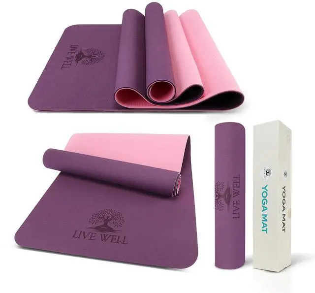 Main image of Live Well TPE Yoga Mat Women Non-Slip Exercise Mat with Strap, Extra Thick 6mm Pink Yoga Mat for Home Workout and Outdoor Use
