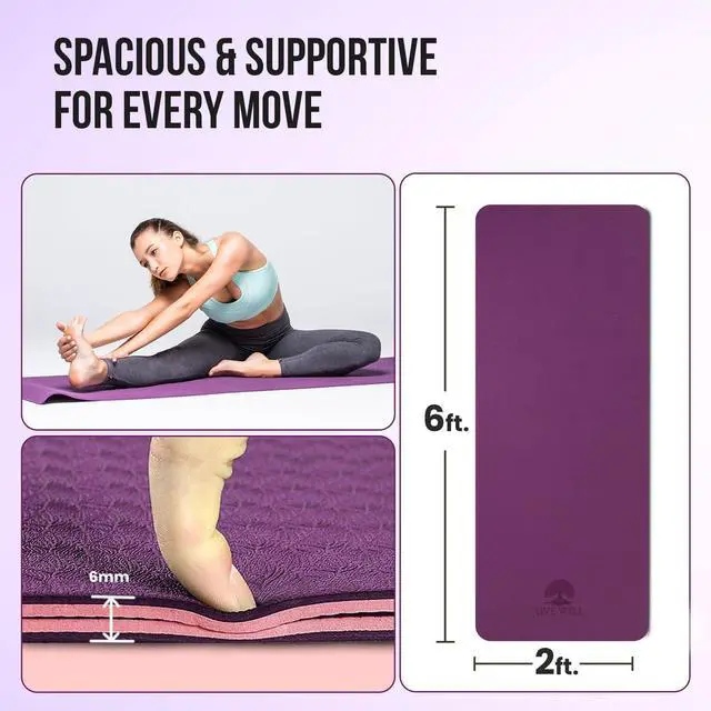 Alt view image 2 of 7 - Live Well TPE Yoga Mat Women Non-Slip Exercise Mat with Strap, Extra Thick 6mm Pink Yoga Mat for Home Workout and Outdoor Use