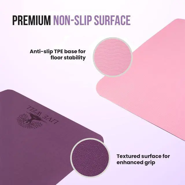 Alt view image 3 of 7 - Live Well TPE Yoga Mat Women Non-Slip Exercise Mat with Strap, Extra Thick 6mm Pink Yoga Mat for Home Workout and Outdoor Use