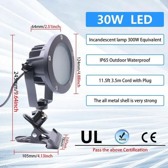 Alt view image 2 of 6 - Clip Floodlight 30W LED Work Light IP65 Waterproof 300W Equivalent 11.5ft 3.5m Cord with Plug Lights for Workshop Garage, Construction Site Applicable to Various environments (30W Daylight White)