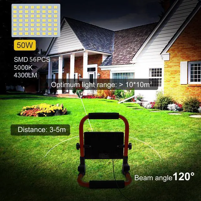 Alt view image 3 of 7 - 50W LED Work Light, 4300LM 500W Equivalent Portable Light IP66 Waterproof Outdoor Flood Lights 16.4FT Cable with Plug Switch, 5000K Daylight, Adjustable Job Site Lighting for Garage Workshop