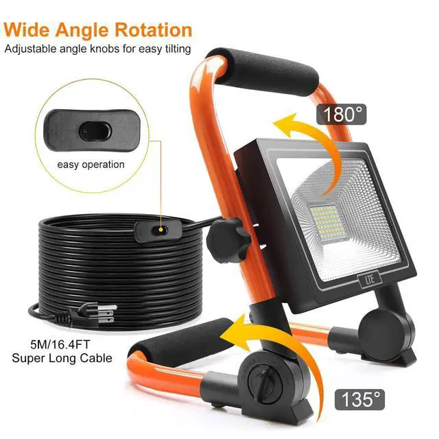 Alt view image 6 of 7 - 50W LED Work Light, 4300LM 500W Equivalent Portable Light IP66 Waterproof Outdoor Flood Lights 16.4FT Cable with Plug Switch, 5000K Daylight, Adjustable Job Site Lighting for Garage Workshop