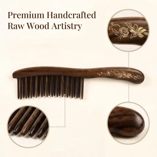 Alt view image 5 of 7 - Handmade raw Wood Wide-Tooth Hair Comb, Scalp Massaging, Ideal for Curly Hair,7.07 × 1.78 inches