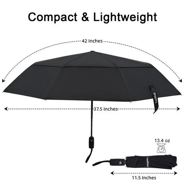 Alt view image 3 of 7 - 2 Pack Travel Umbrella, Double Vented Canopy Windproof Automatic Strong Compact Folding Umbrellas for Rain Women and Men, Black & Black