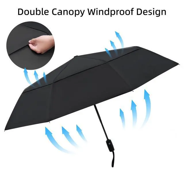 Alt view image 4 of 7 - 2 Pack Travel Umbrella, Double Vented Canopy Windproof Automatic Strong Compact Folding Umbrellas for Rain Women and Men, Black & Black
