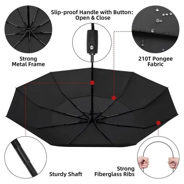 Alt view image 6 of 7 - 2 Pack Travel Umbrella, Double Vented Canopy Windproof Automatic Strong Compact Folding Umbrellas for Rain Women and Men, Black & Black