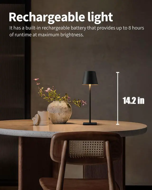 Alt view image 2 of 7 - 2 Pack Cordless Table Lamp, Portable LED Desk Lamps, 5000mAh Battery Operated, 3 Color Stepless Dimming Up, for Restaurant, Bedroom, Outdoor Camping, Coffee Shop, Night Light, Rechargeable (Black)
