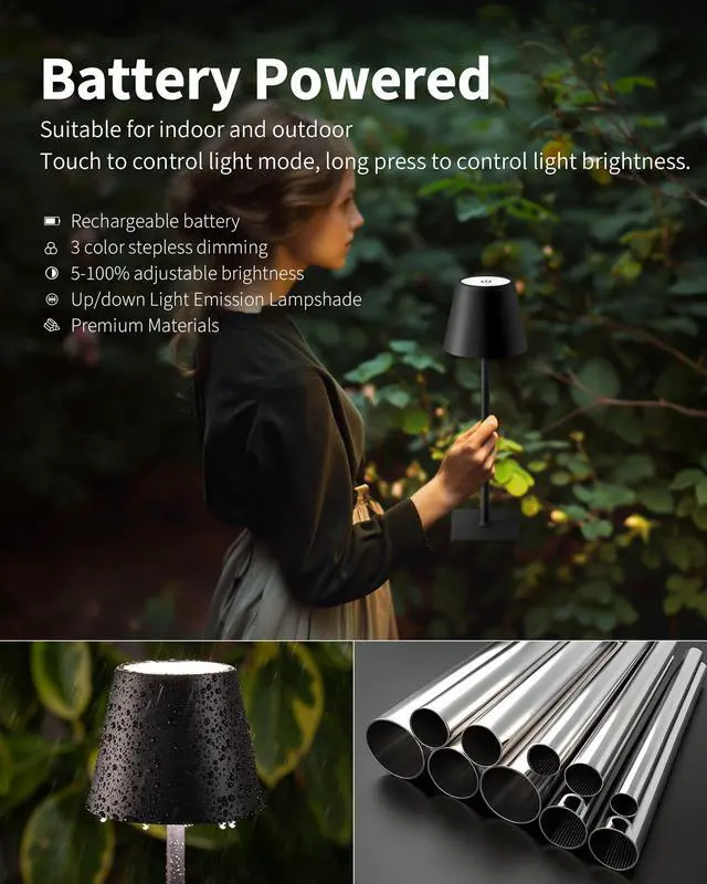 Alt view image 4 of 7 - 2 Pack Cordless Table Lamp, Portable LED Desk Lamps, 5000mAh Battery Operated, 3 Color Stepless Dimming Up, for Restaurant, Bedroom, Outdoor Camping, Coffee Shop, Night Light, Rechargeable (Black)