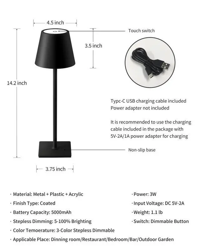 Alt view image 5 of 7 - 2 Pack Cordless Table Lamp, Portable LED Desk Lamps, 5000mAh Battery Operated, 3 Color Stepless Dimming Up, for Restaurant, Bedroom, Outdoor Camping, Coffee Shop, Night Light, Rechargeable (Black)