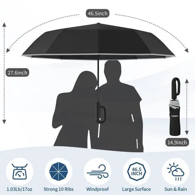 Alt view image 2 of 7 - Travel Umbrella with Carabiner Handle, Automatic Windproof Large Umbrellas for Rain, Portable Compact Umbrella with Reflective Strip, Car Backpack UV Umbrellas for Sun Protection