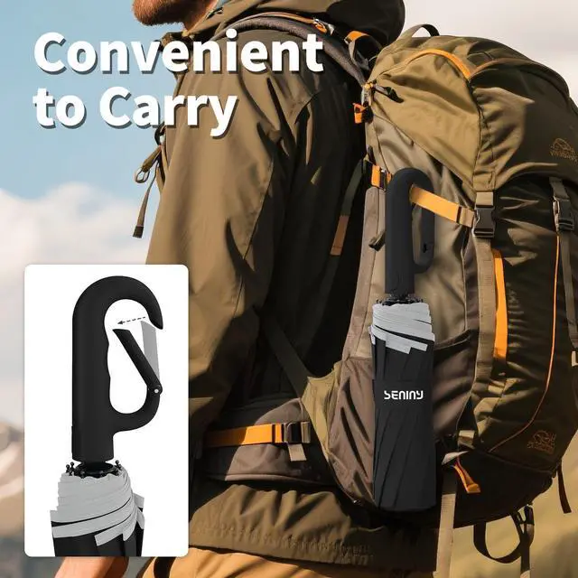 Alt view image 4 of 7 - Travel Umbrella with Carabiner Handle, Automatic Windproof Large Umbrellas for Rain, Portable Compact Umbrella with Reflective Strip, Car Backpack UV Umbrellas for Sun Protection